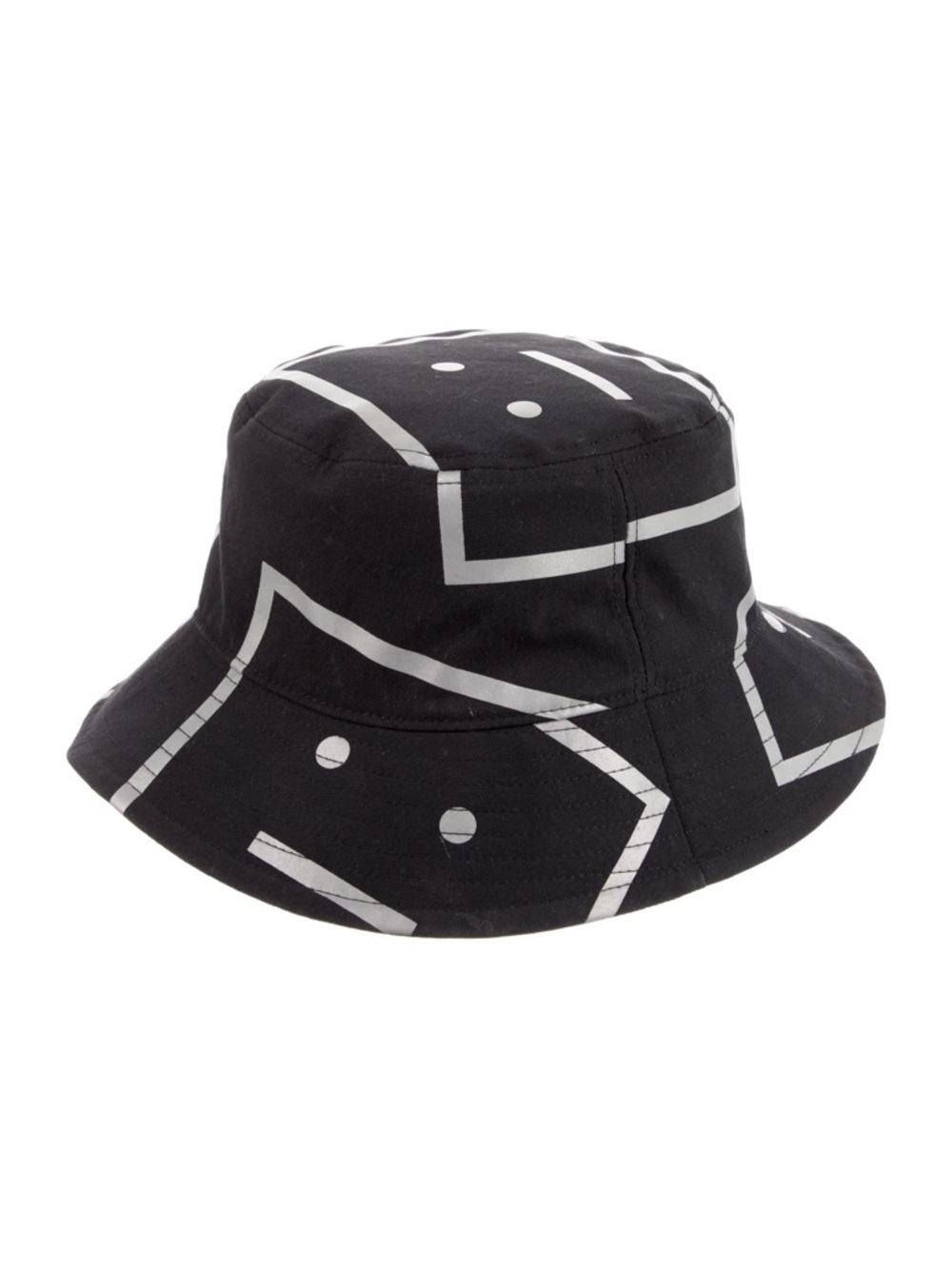 Acne Face Motif Black Pattern Bucket Hat with white Geometric Print